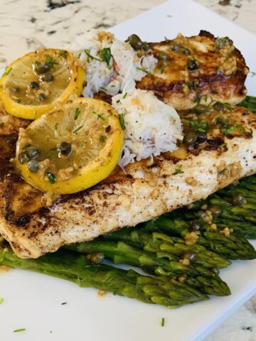 Seared halibut with lemon caper sauce