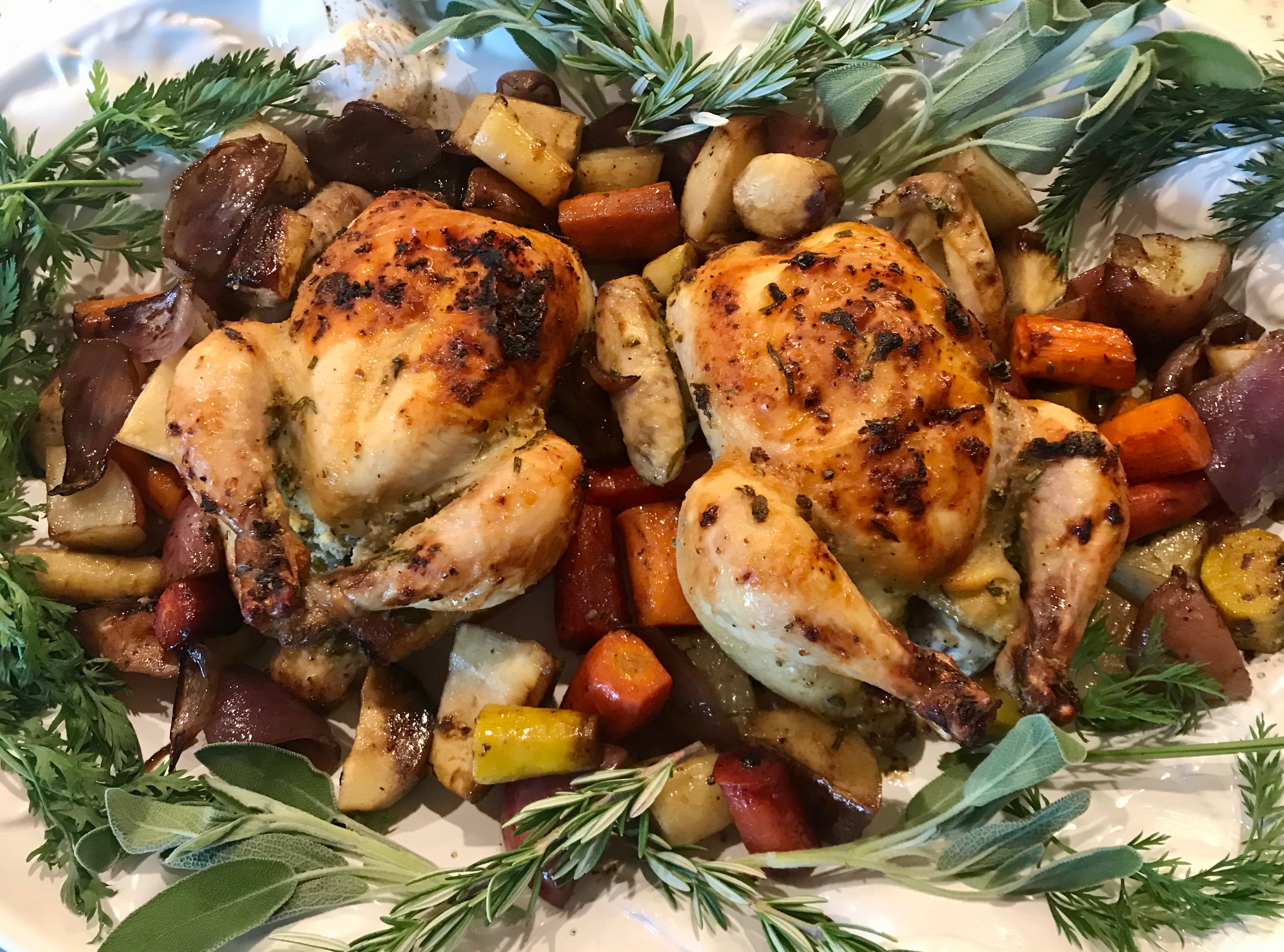 2 Game Hens on a plate with vegetables