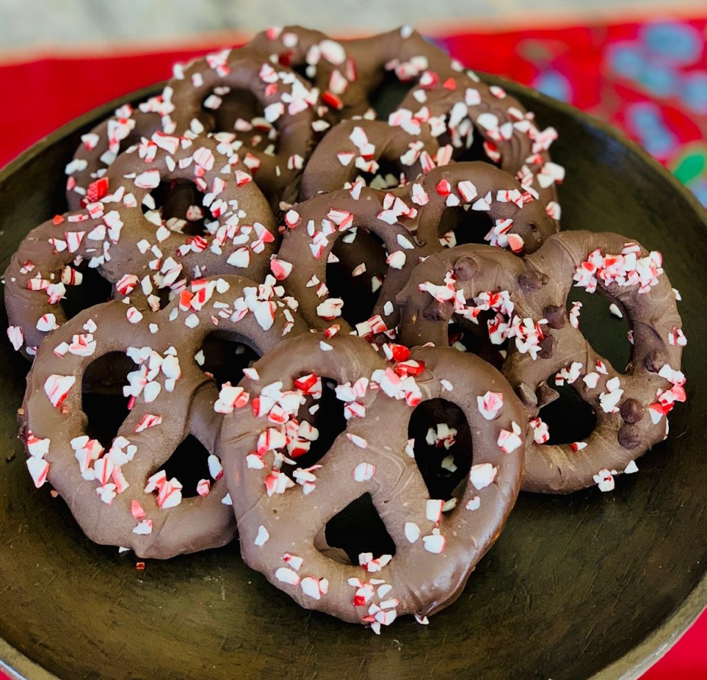 Dark Chocolate pretzels on dark plate