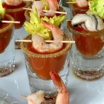 Bloody Mary shooters with shrimp and oysters