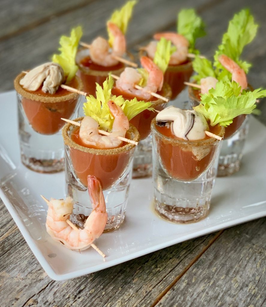 Bloody Mary Shooters with Shrimp and Oyster garnish