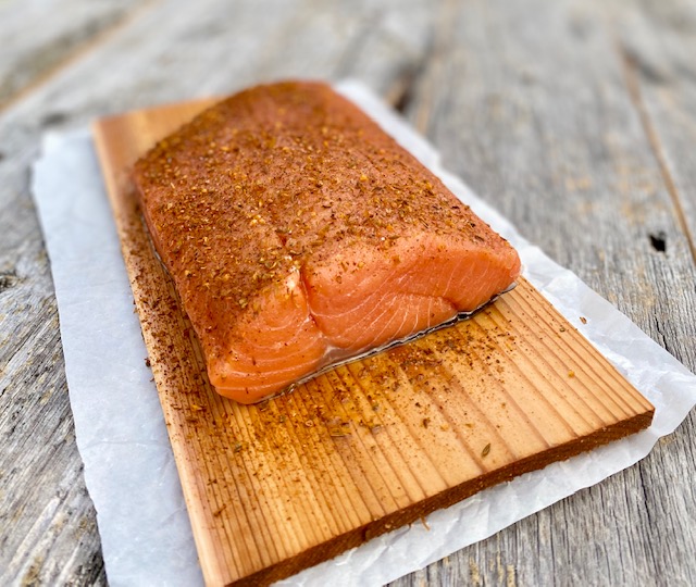 Cedar Plank Salmon with Potlatch Seasoning ready to grill