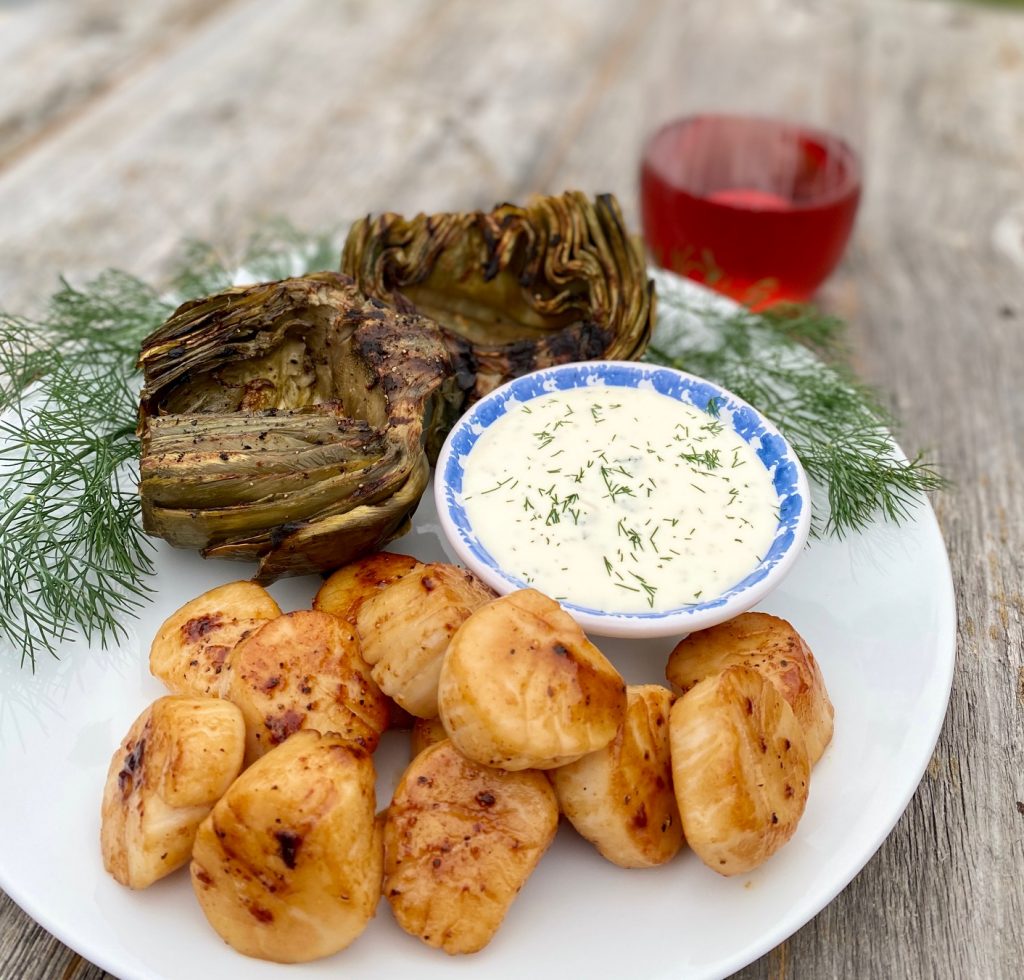 Rose, Artichokes with Lemon Dill Sauce and Rose