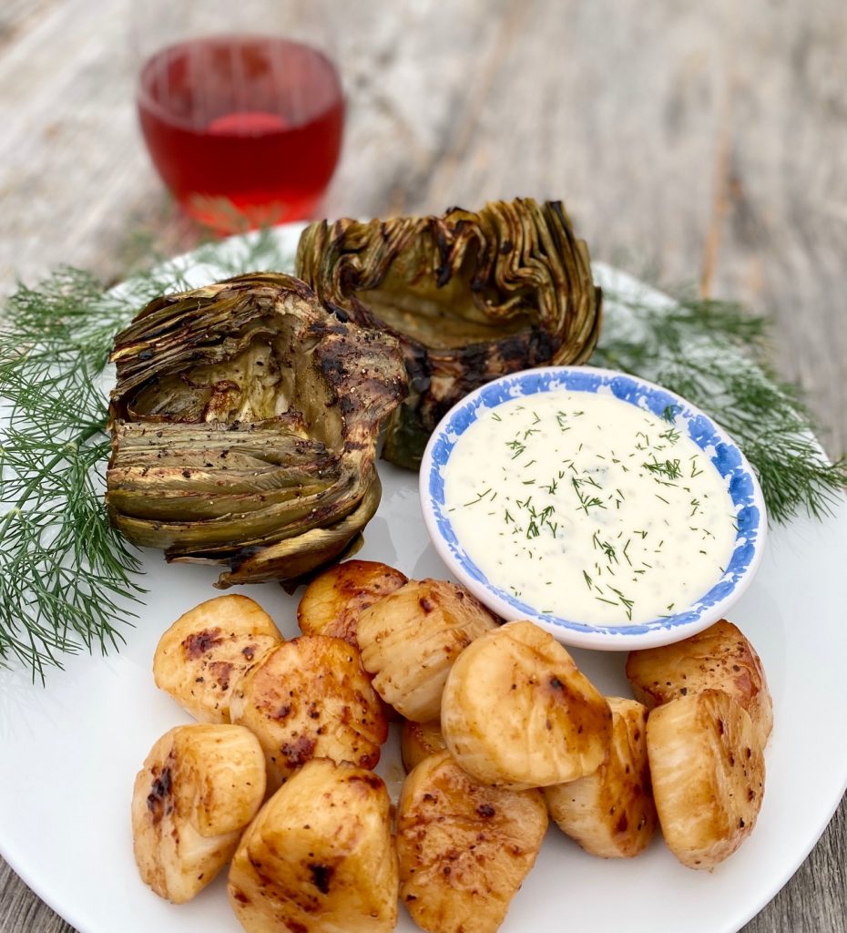 Scallops, Artichokes with lemon dill sauce & Rose