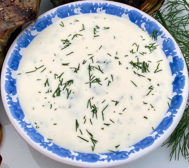 Lemon Dill Aioli in a blue and white bowl