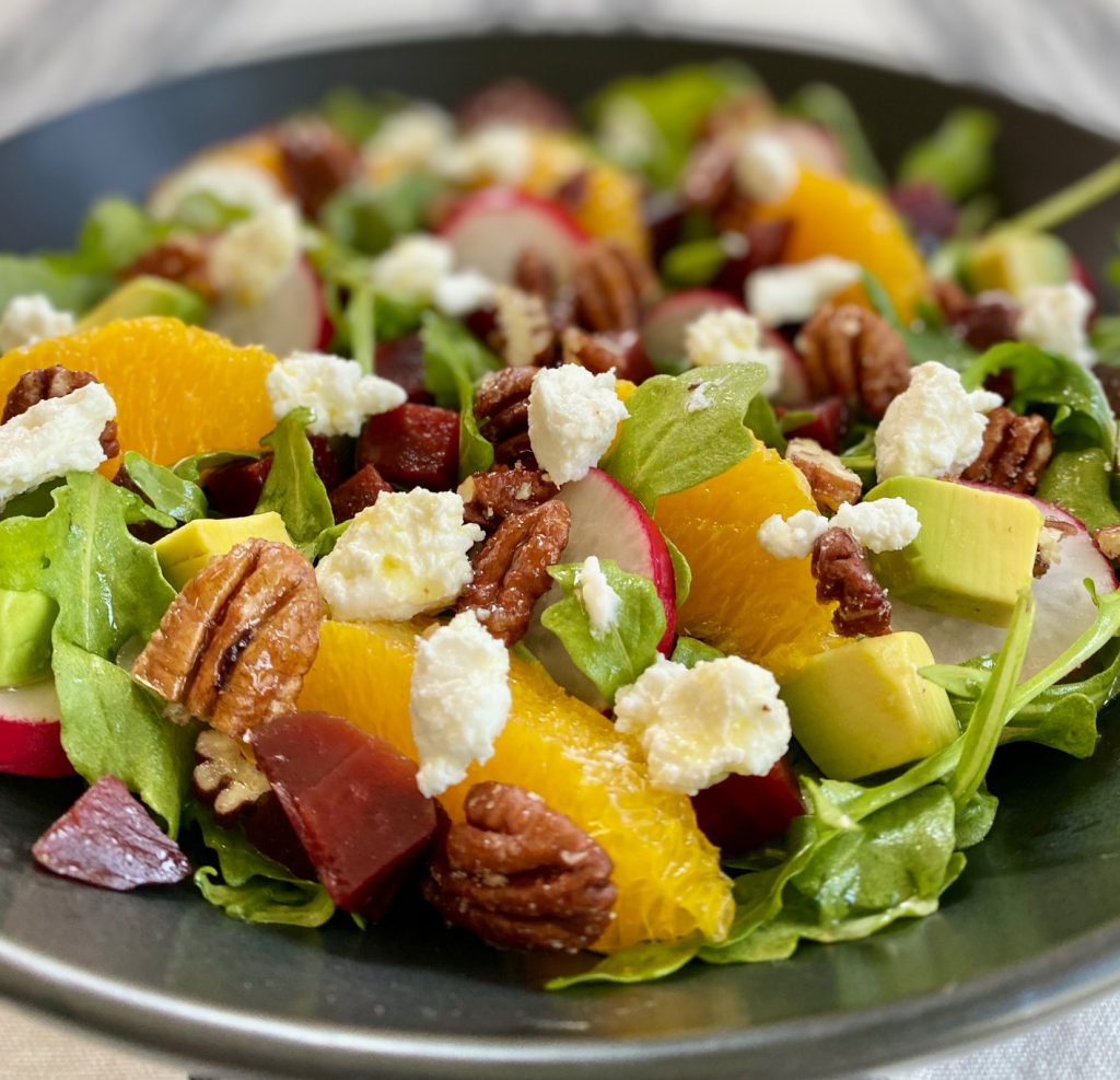 Arugula Beet Salad with goat cheese and avocado