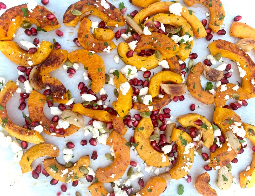 butternut squash with feta and pom seeds