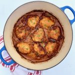 hungarian chicken paprikash in a blue pot