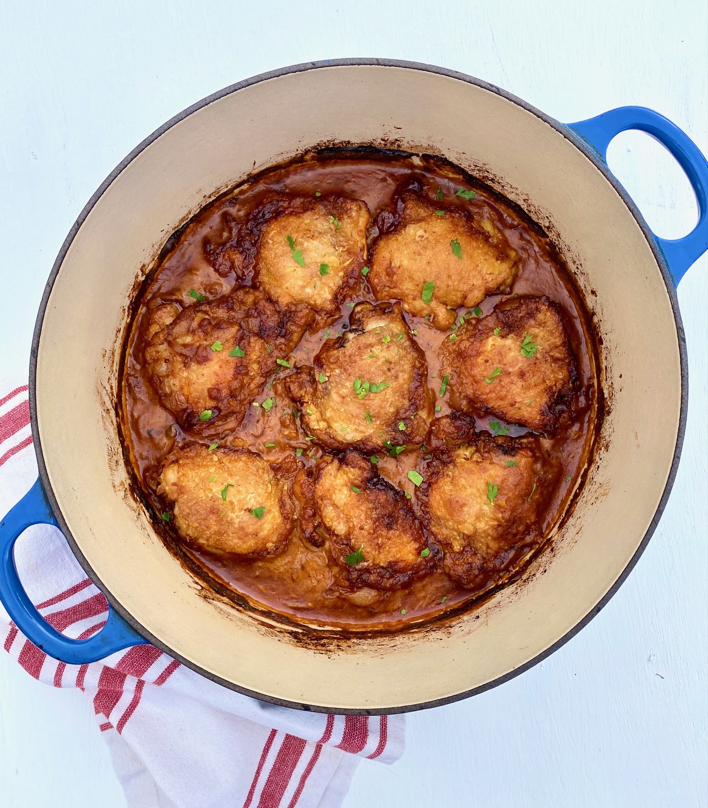 Chicken Paprikash in a blue pan