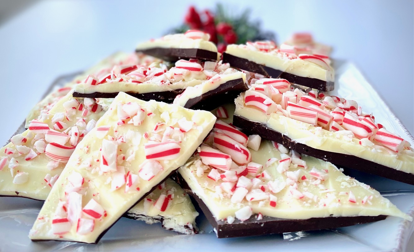 Stack of white and dark chocolate peppermint bark