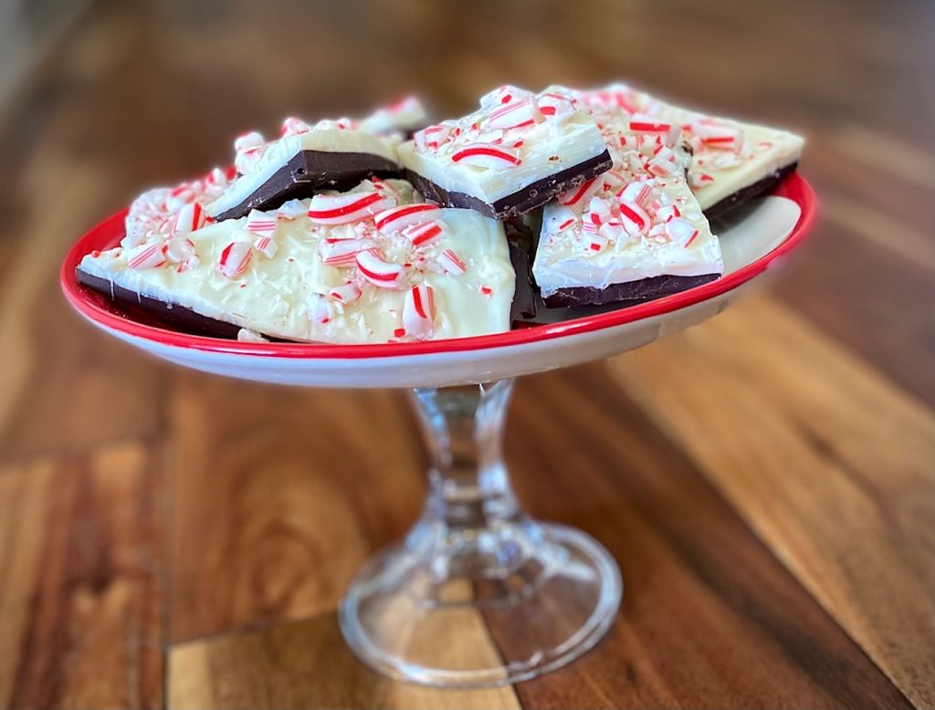 Peppermint Bark on a glass stand