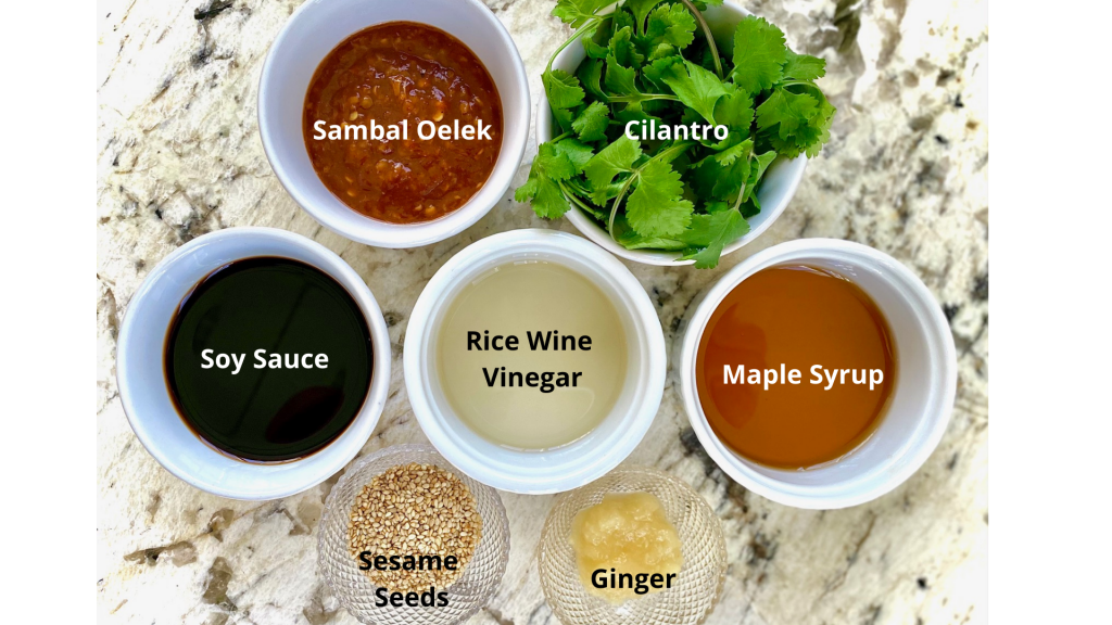 Asian marinade ingredients in white bowls
