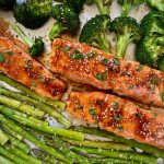 Asian Salmon on sheet pan with broccoli and asparagus