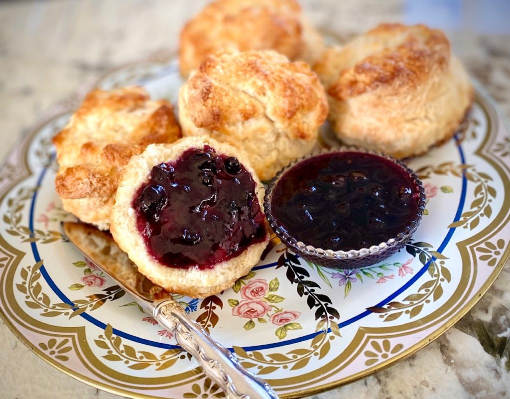 Baking Powder Biscuits with Blueberry Jam on flowered plate