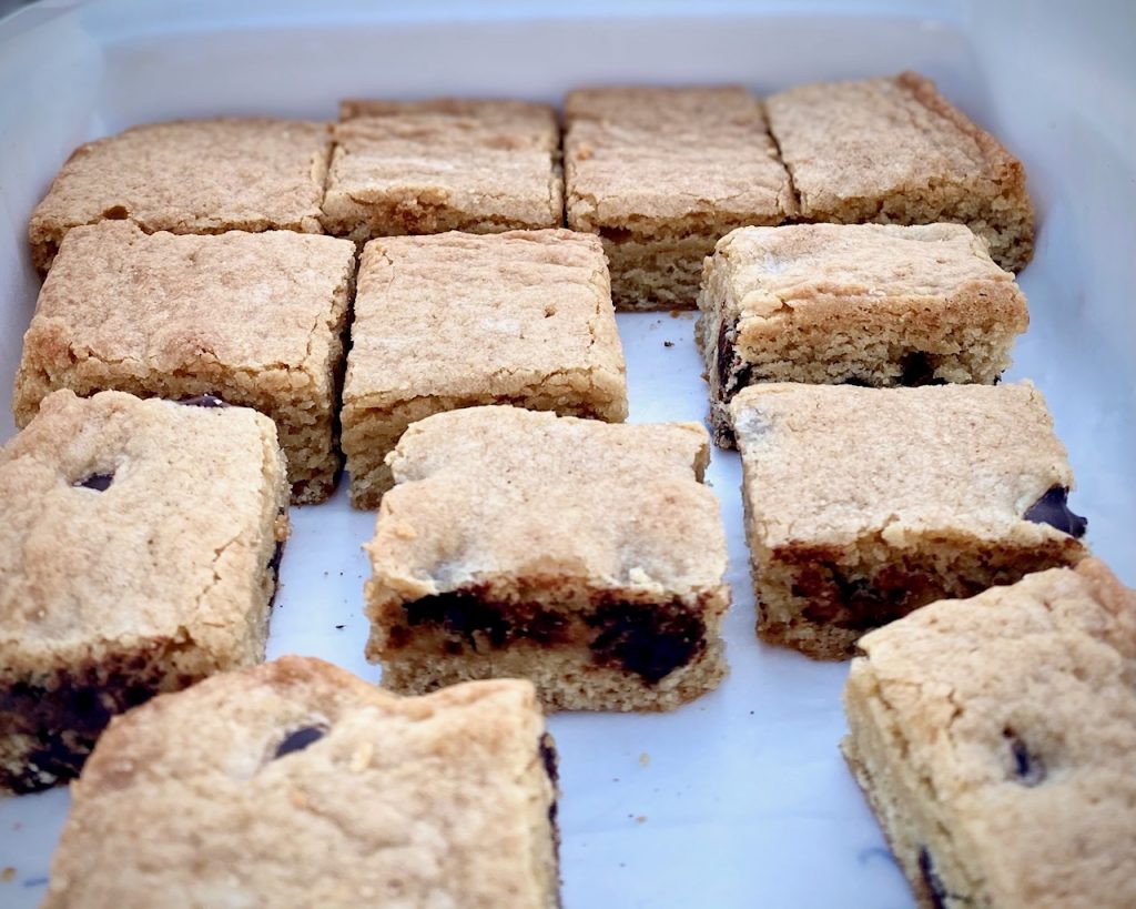 Blondies with chocolate chips in a pan