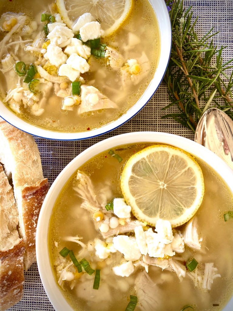 2 bowls of lemon greek chicken soup with feta