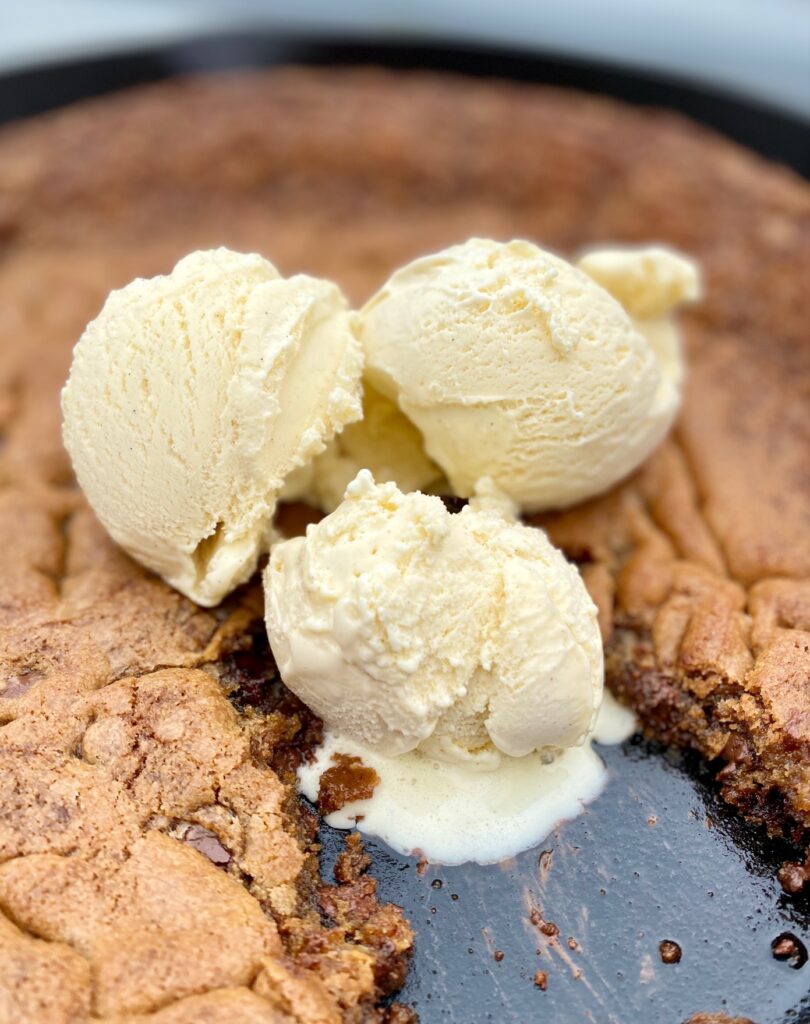 Melting ice cream and choc chip pan cookie