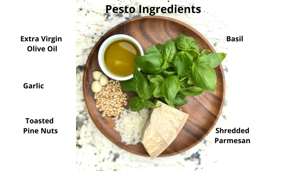 Ingredients for pesto on a brown plate