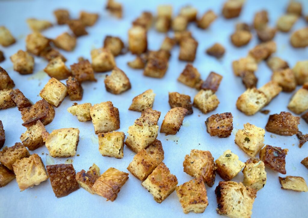 homemade garlic croutons on a pan