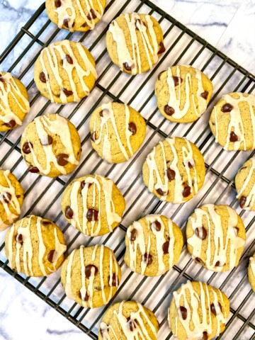 Pumpkin Spice Cookies with Chocolate Chips on a cooling rack