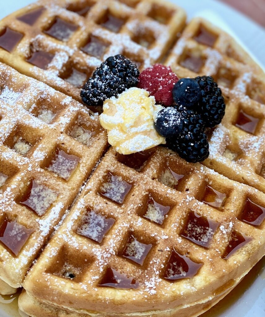 Belgian Waffle with fruit and syrup