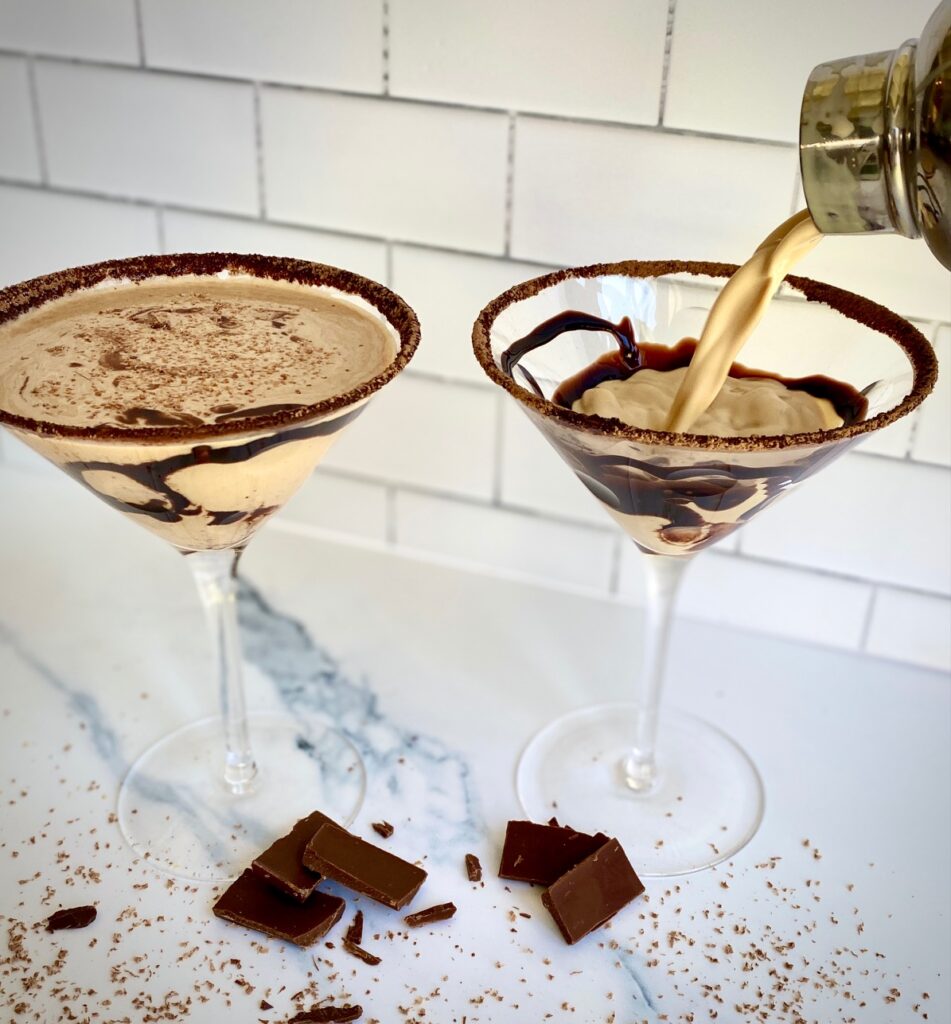 pouring 2 chocolate martinis