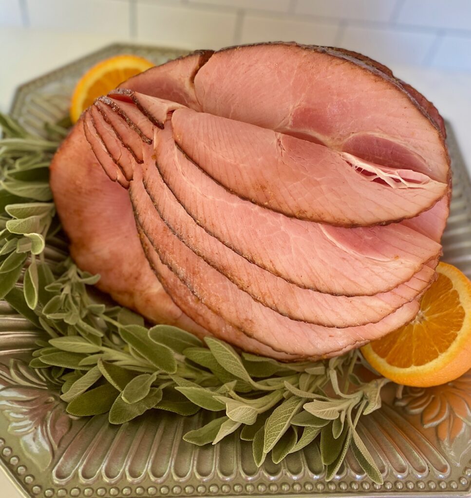 Cooked ham on a silver platter