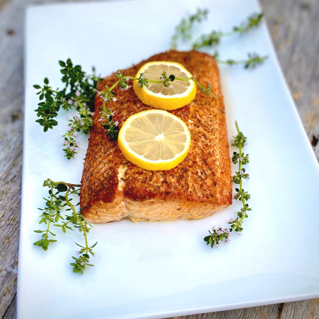 salmon on white platter