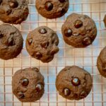 double chocolate chip cookies on a cooling rack