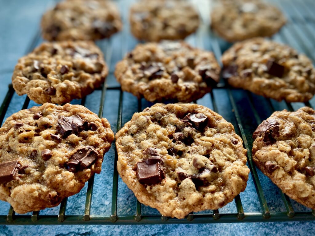 very close up oatmeal cookies on rack