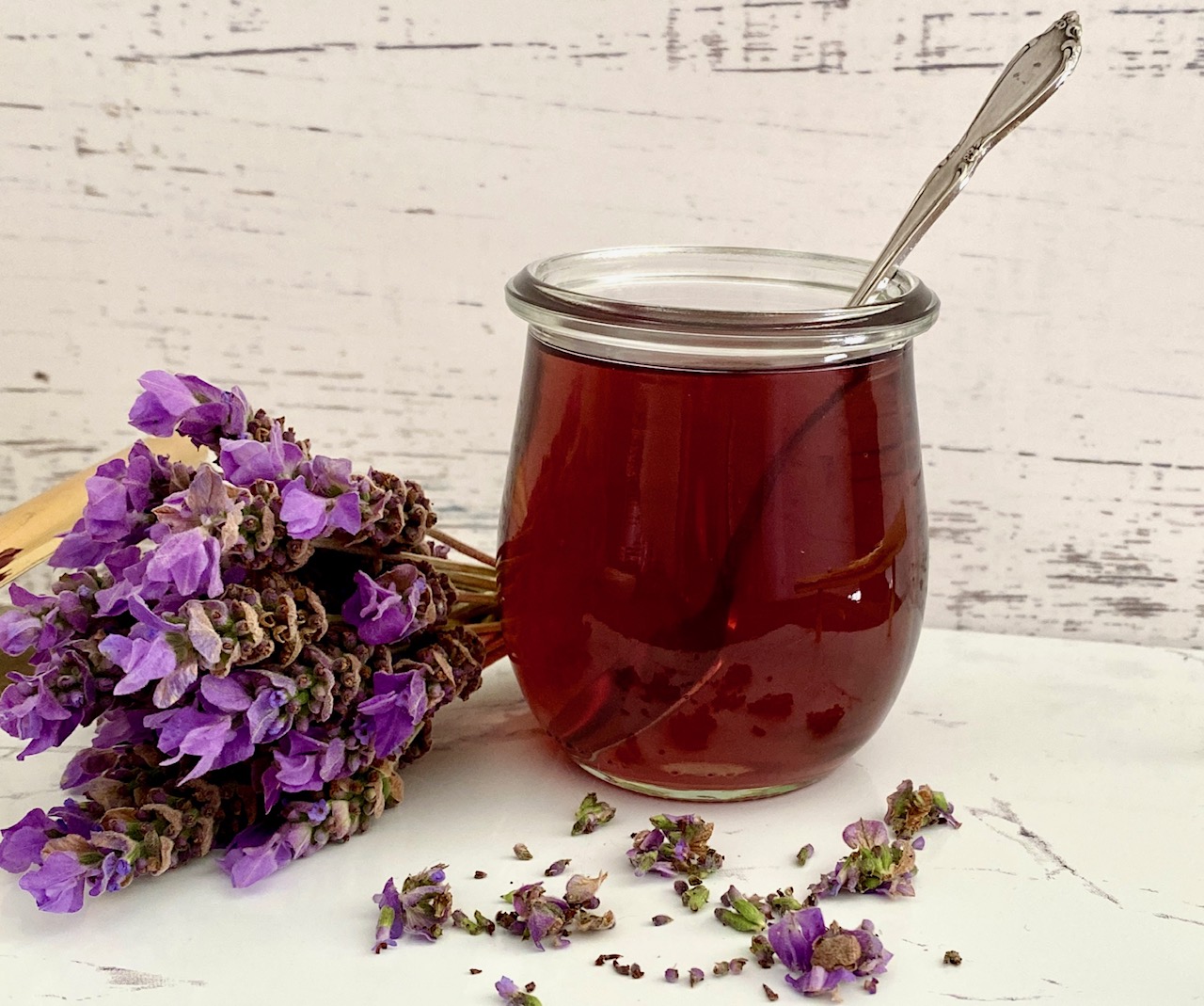 Fresh lavender syrup in a jar