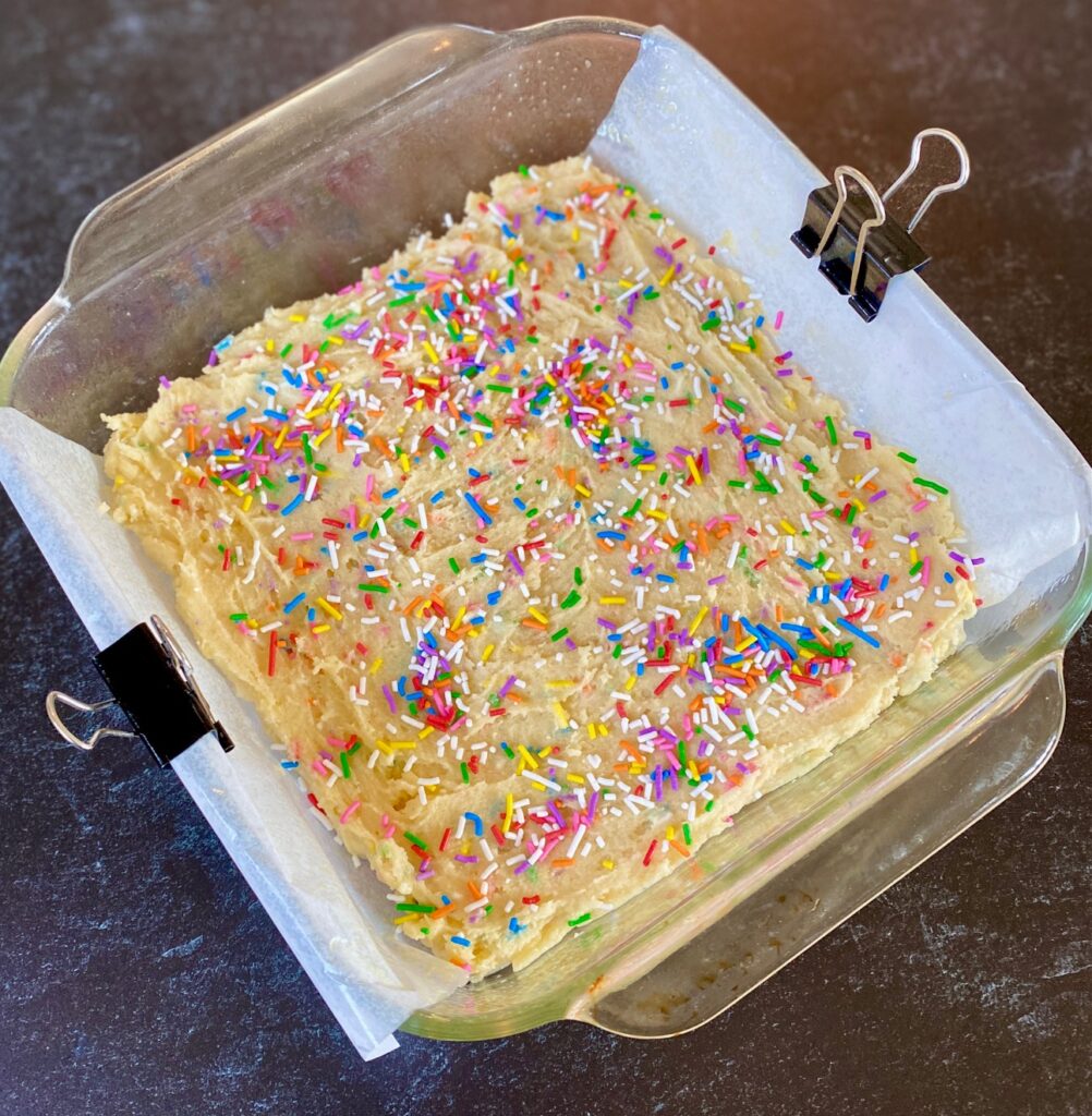 unbaked pan of sugar cookie bars