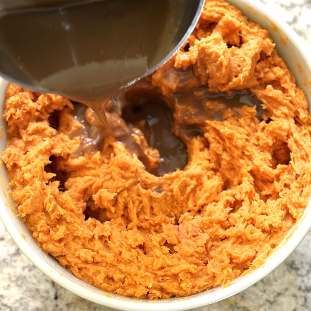 Mix in milk and brown sugar to sweet potatoes