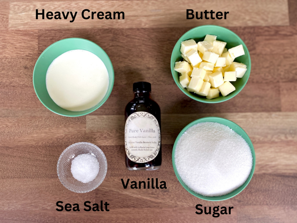 Ingredients for Caramel Sauce in bowls