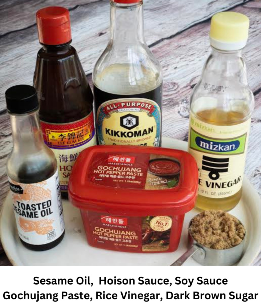 sesame oil, hoison, soy sauce, rice vinegar, gochujang, brown sugar