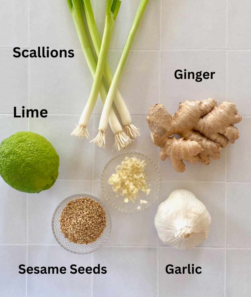 Asian wings Ingredients scallions, lime, ginger, garlic, sesame seeds