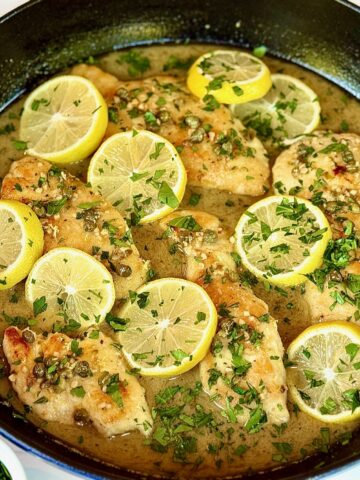 Chicken Lemon Piccata in a black pan