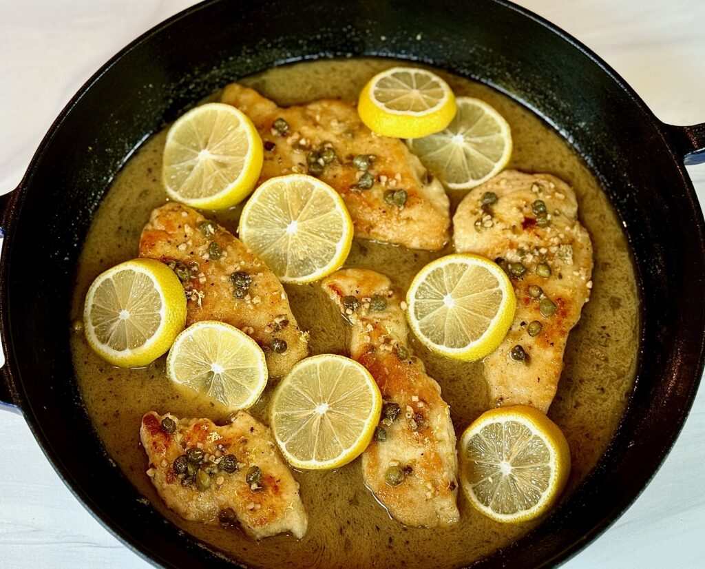 Lemon chicken in a pan