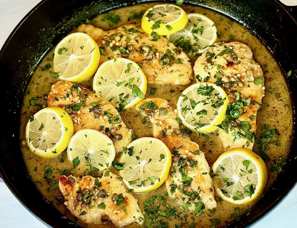 close up chicken piccata