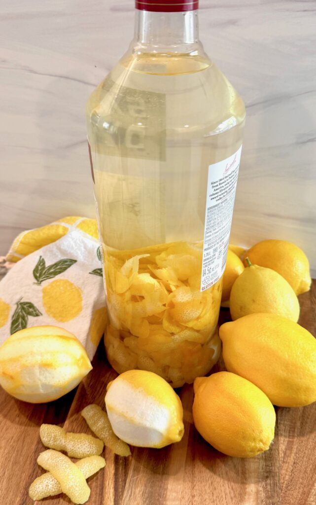 Limoncello bottle with peels