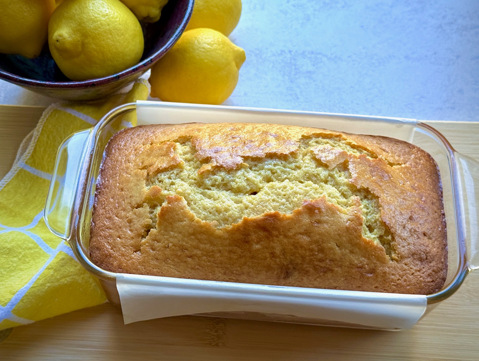 lemon loaf in a glass pan