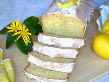 lemon loaf cake on a wooden board