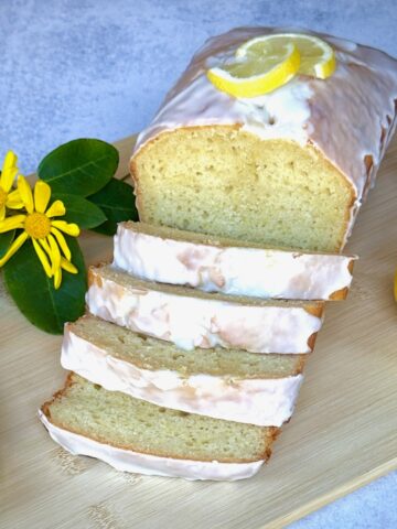 lemon loaf cake on a wooden board