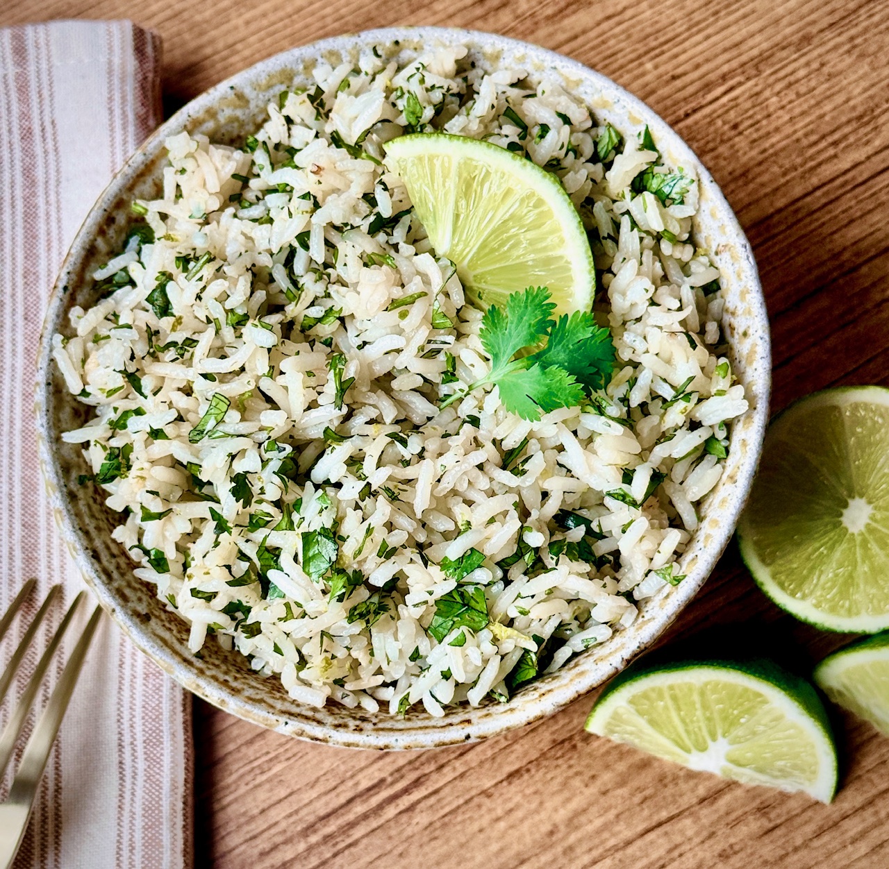 bowl of lime rice with fork